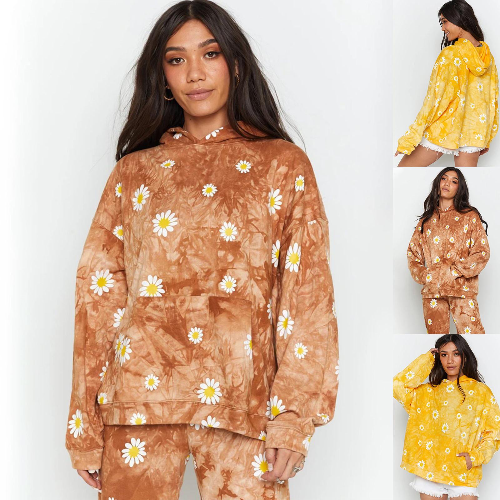 

Women s Fashion Casual Tie Dyed Floral Printed Hooded Long Sleeve Sweater Top M жёлтый