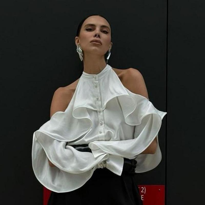 Sexy Loose White Women's Shirt Fashion O-Neck Off Shoulder Long Sleeve Shirts Elegant Classic Ruffle Top Female Clothing