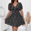 Women's Large Size Casual Waist Lantern Short-sleeved Dress Bohemian V-neck Loose Small Floral Skirt