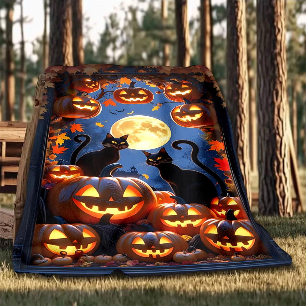 1pc Pumpkins Black Cats Throw Blanket Polyester Fiber, Lightweight Flannel, Soft & Warm, All Season Use for Outdoor, Camping Digital Print
