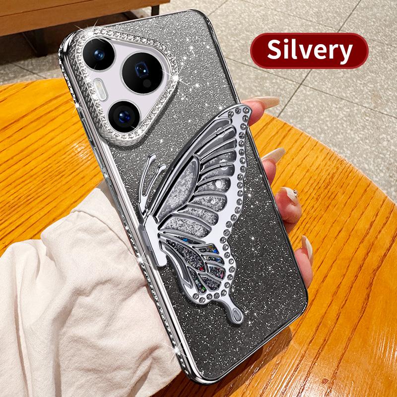 

Diamond Glitter Liquid Quicksand Butterfly Phone Holder Case For Huawei Pura 70 P60 P50 Pro Silicone Cover Huawei P50 срібний
