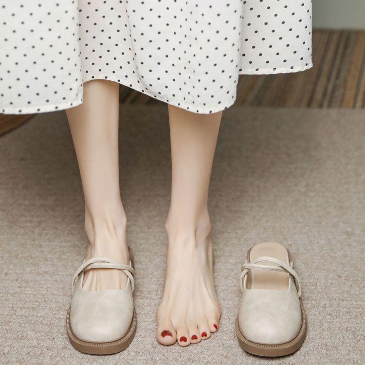 Retro summer half slippers children spring and summer outer wear heelless small leather shoes versatile lazy sandals half support single shoes