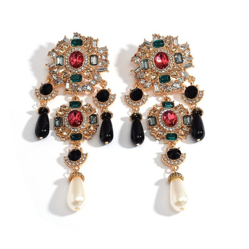 Elegant Baroque-Style Statement Earrings With Full Rhinestone Pearl Accents VintageInspired Alloy Drop Women
