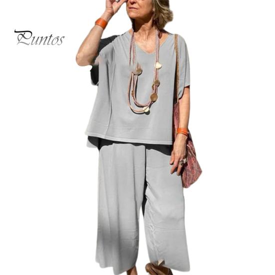 

Женский летний комплект из 2 предметов: футболка с коротким рукавом и V-образным вырезом, свободный крой, широкие брюки, однотонный повседневный комплект M серый