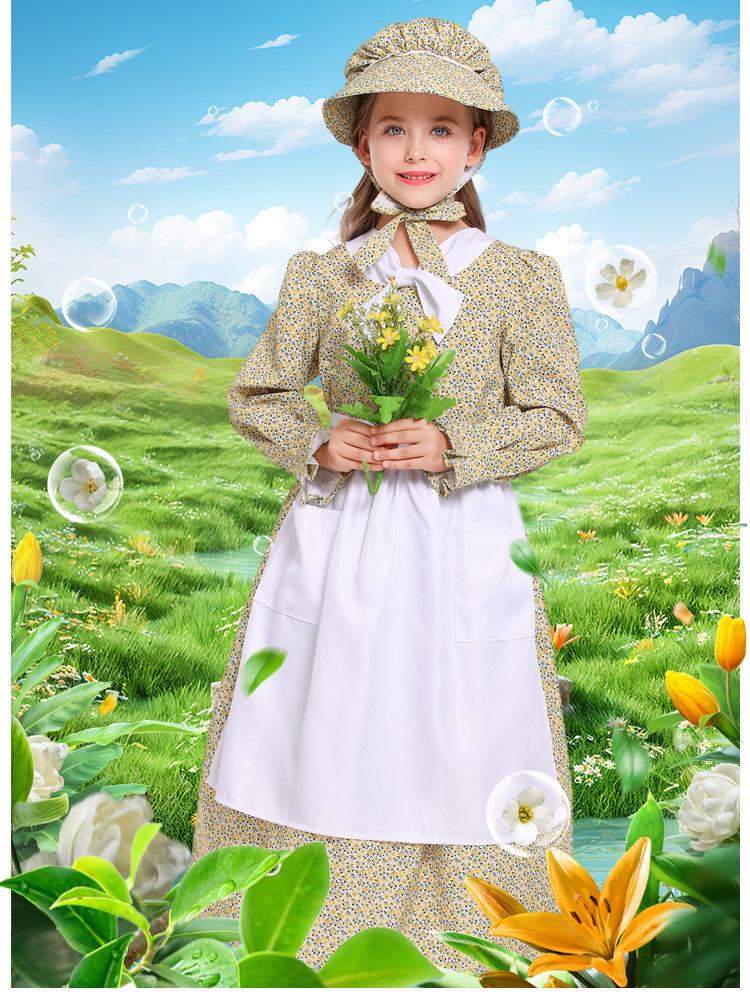 Yellow Floral Scarf Colonial Girl Pastoral Dress - Explorer Outfit Long Grassland Style