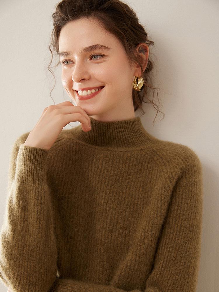 2024 Women's Autumn/Winter High Neck Seven-Needle Ribbed Cashmere Raglan Sweater