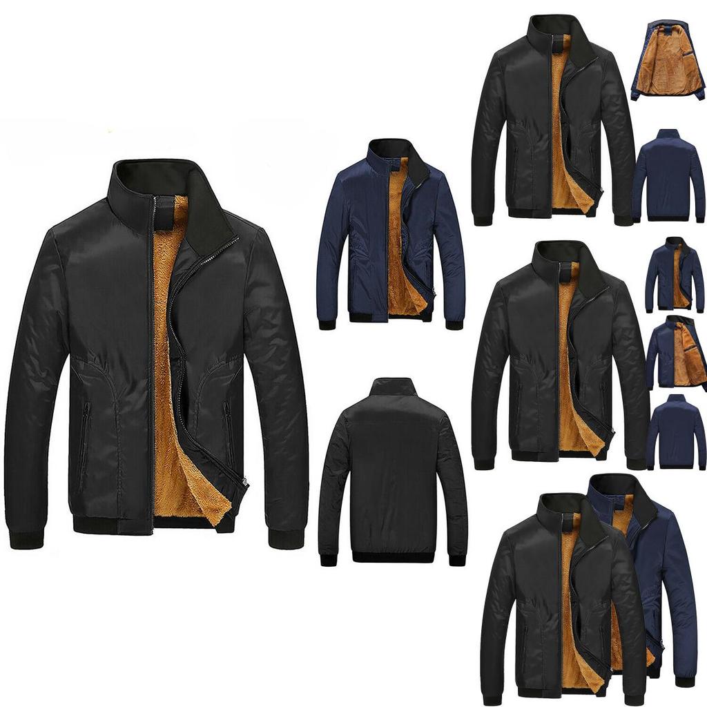 Men's Faux Fleece Fur Lined Hoodie Zip Up Coat Jacket With Warm Stand Collar