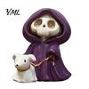Purple Robe Skeleton Figurine for Halloween, Middle Finger Tabletop Display Figure Resin Statue, Gothic Walking Dog Sculpture Ornament Decorative