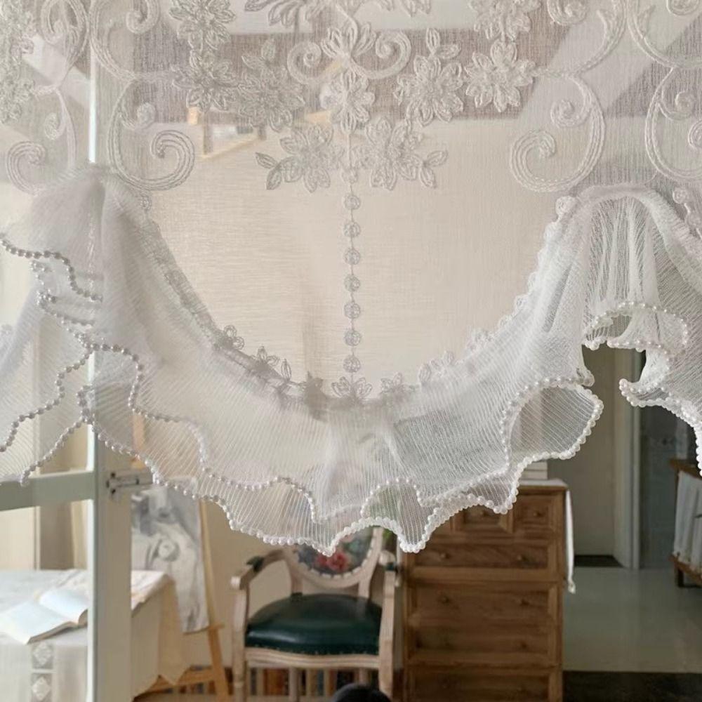 Wavy Edge Beaded Half Yarn Drapes Double Pearls Lace Bottom Floral Short Tulle Drapery  Door