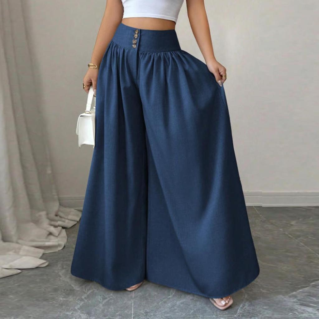 Women's Casual Button Pleated Loose Wide Leg Casual Pants