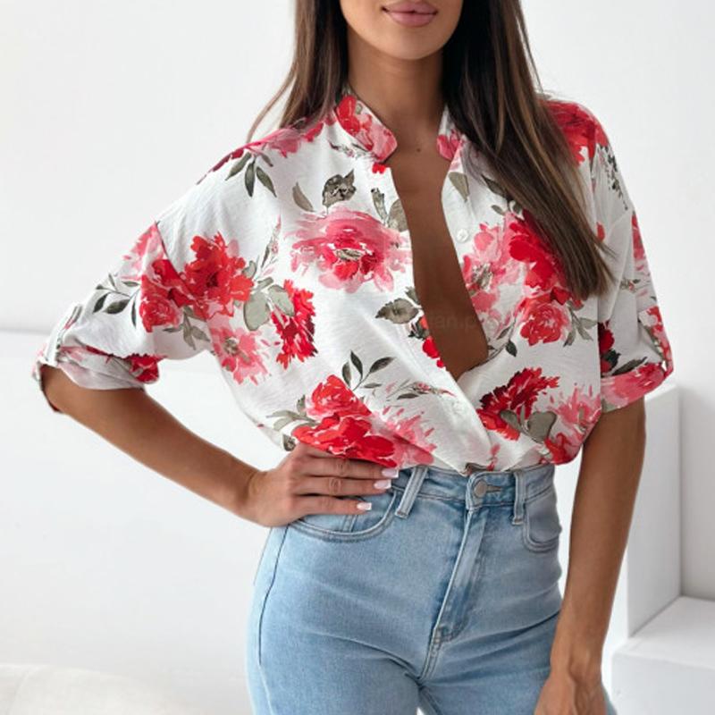 

Новое летнее поступление, простой стиль, женская модная рубашка с коротким рукавом с принтом, повседневная одежда, женские рубашки XL красный