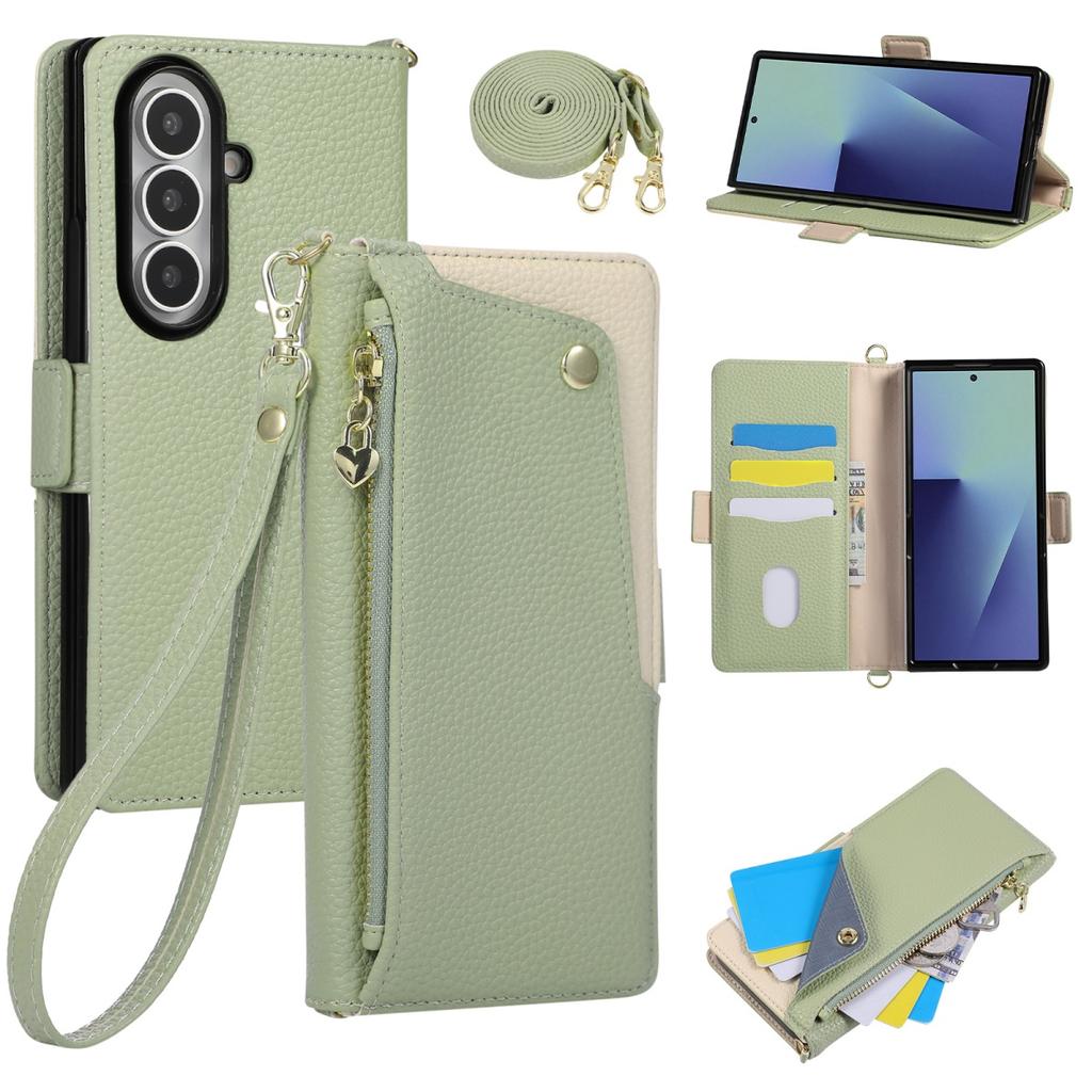 Crossbody Wrist Strap Case for Samsung Galaxy Z Fold 8 Ultra 7 6 5 4 3 5G Wallet with Card Holder Zipper PU Leather Flip Cover