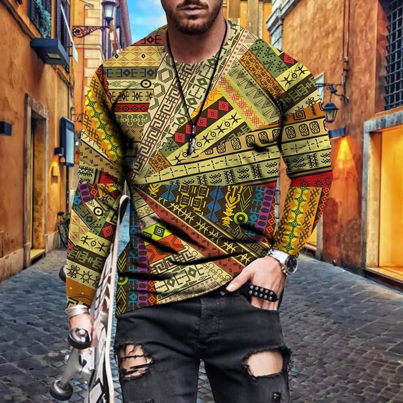 3D Ethnic Pattern Printed Fashionable Casual Long Sleeved Men's T-shirts - Soft Medium Stretch Polyester Fabric Spring and Autumn Relaxed Fit Clothing