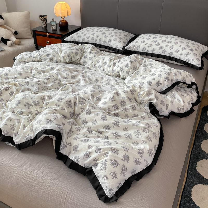 INS French Style Floral Simple Black Lace Double Layer Gauze Bedding Set Washed Cotton Bed Sheet Fitted Sheet Fresh Quilt Cover