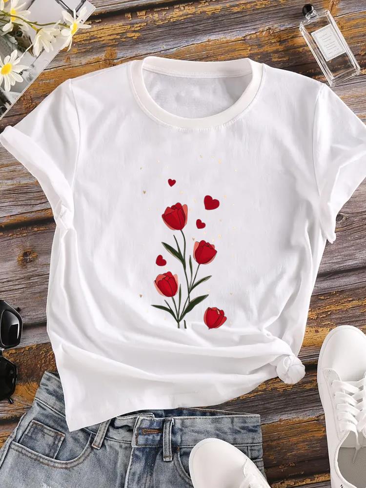 (Asian Size) sweet flower trend Printed Female Top T Shirt Clothing Lady o-neck Short Sleeve T-shirts Casual Fashion Women Graphic Tee