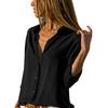 Women Sexy Buttons V Neck Solid Color Shirt Casual Autumn Long Sleeve Blouse