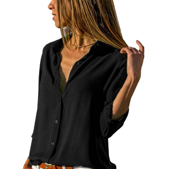 Women Sexy Buttons V Neck Solid Color Shirt Casual Autumn Long Sleeve Blouse
