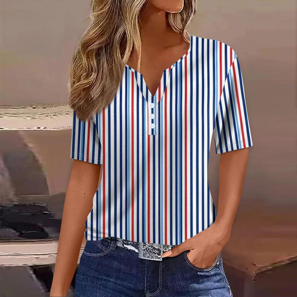 Women's T Shirt Tee Independence Day Print Button Short Sleeve Daily Weekend Fashion Basic V-Neck Regular Top