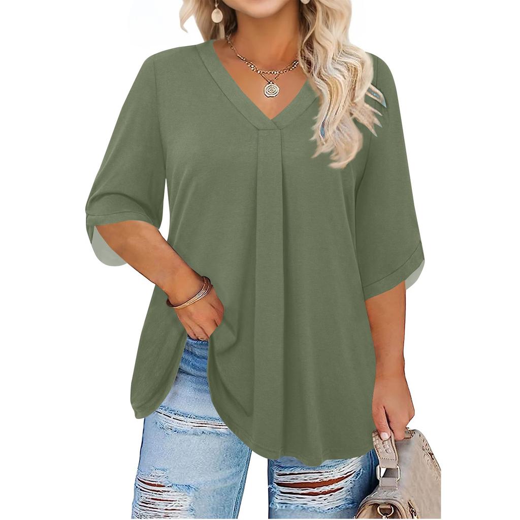 Women's Fashion Large Size Solid Color V-Neck Three-quarter Sleeve Top