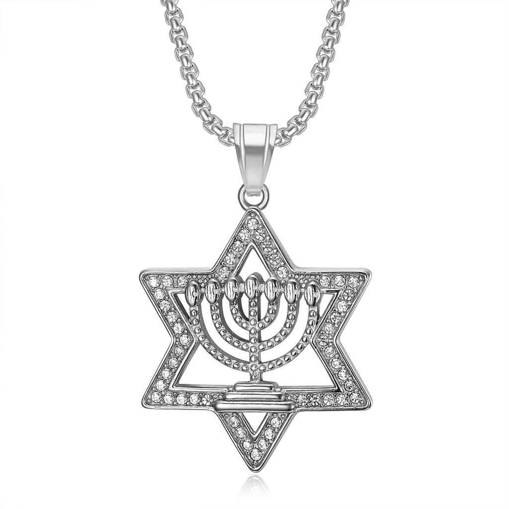 Middle Eastern Hip-Hop New Style Titanium Steel Gold-Plated Diamond-Studded Star of David Pendant Men's Hexagram Necklace