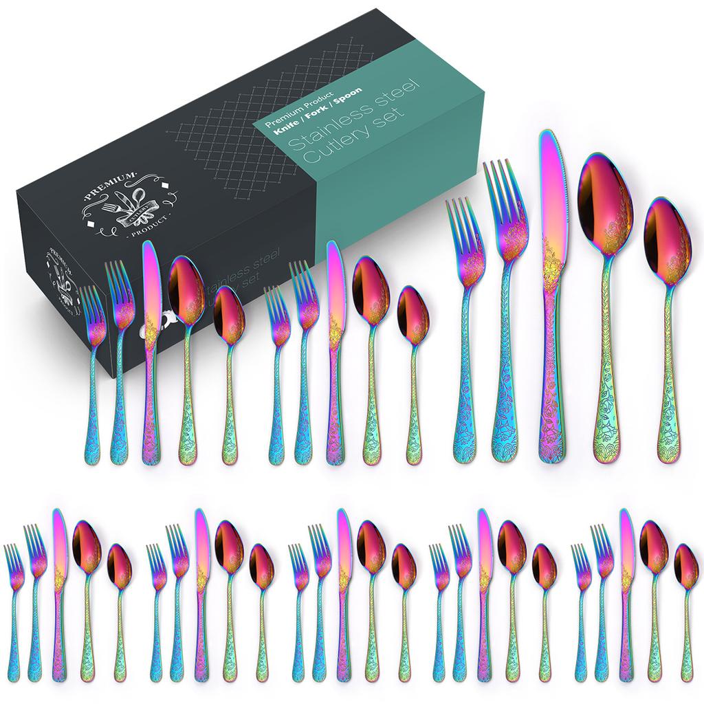 Chinese Patterned Stainless Steel Tableware Set for Household Knives  Forks  Spoons  Black 20/40 Piece Set