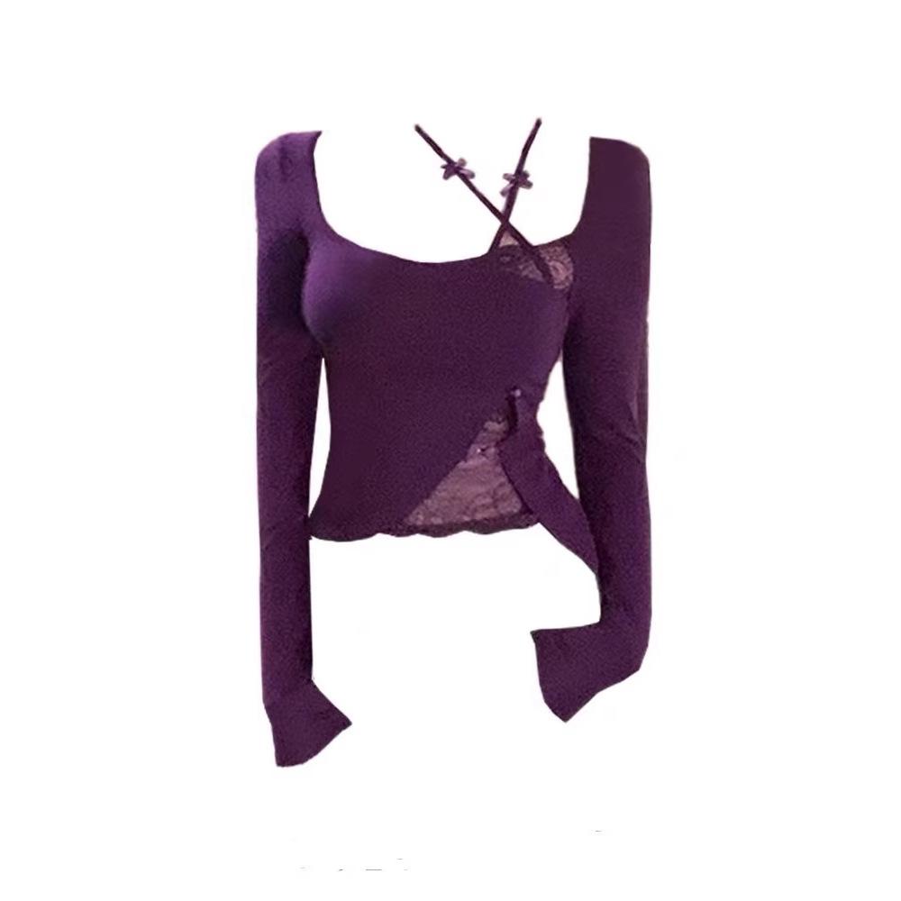 2025 Pure Desire Black Lace Halterneck Slim-fit Long-sleeve Women's Top