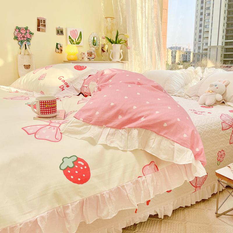 Botanical Floral and Cartoon Rabbit Duvet Cover 3pcs Kawaii Pink Bedding Set For Girl Teen 100% Cotton Farmhouse Comforter Cover