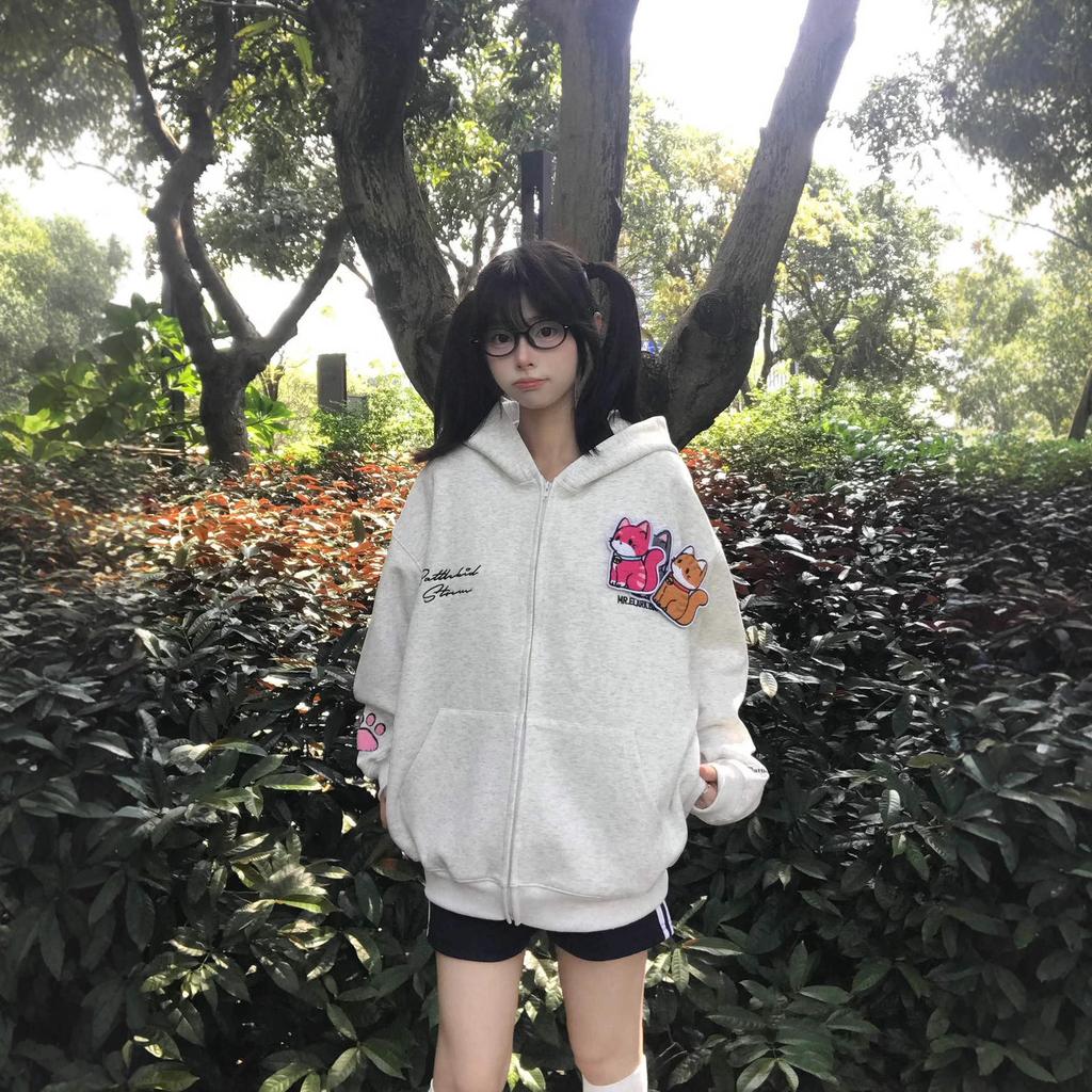 American embroidered kitten Velcro hooded sweater women's 2025 new loose lazy coat