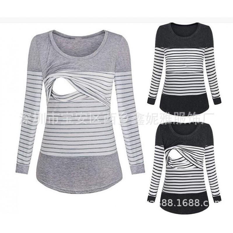 Womens Postpartum Nursing Top Striped Loose Long Sleeve T-Shirt Maternity Breastfeeding