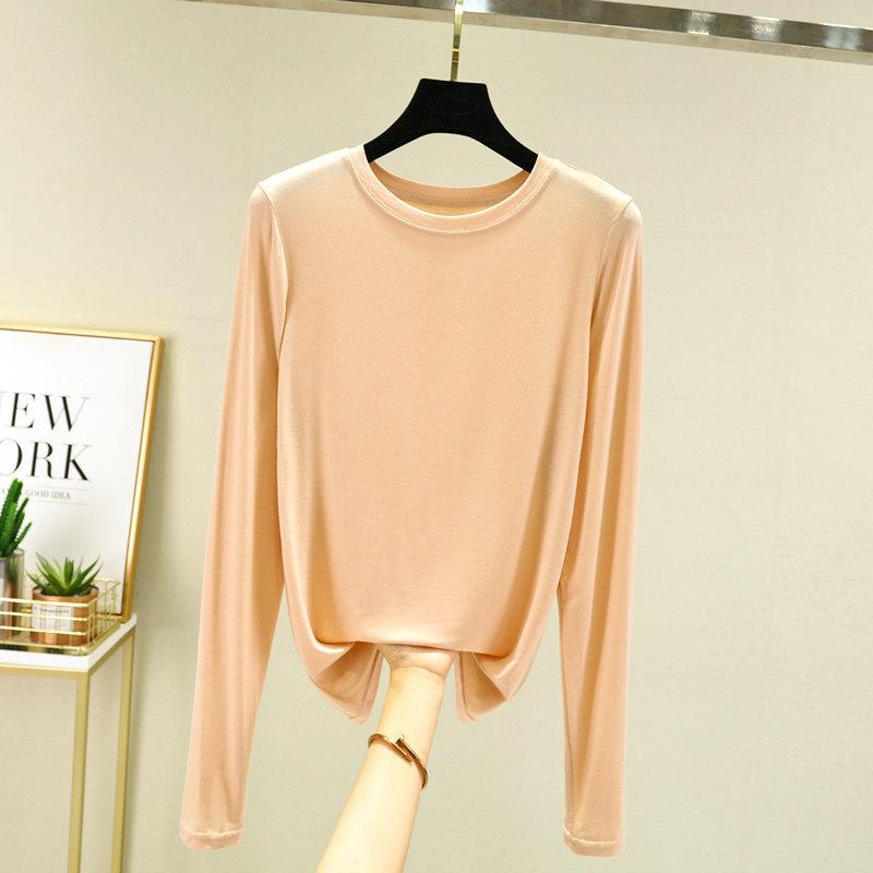 Women's Crew Neck Long Sleeve Tee Slim Fit Commuter Casual Top Solid Color Modal Fabric Stretchy Basic Layering Shirt For Autumn Daily Inner Wear