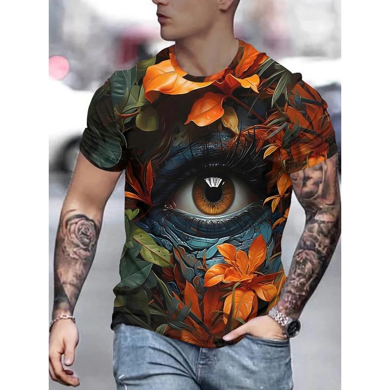 Herr T-shirt med 3D-tryck, kortärmad, rundhalsad, tröja, avslappnad topp