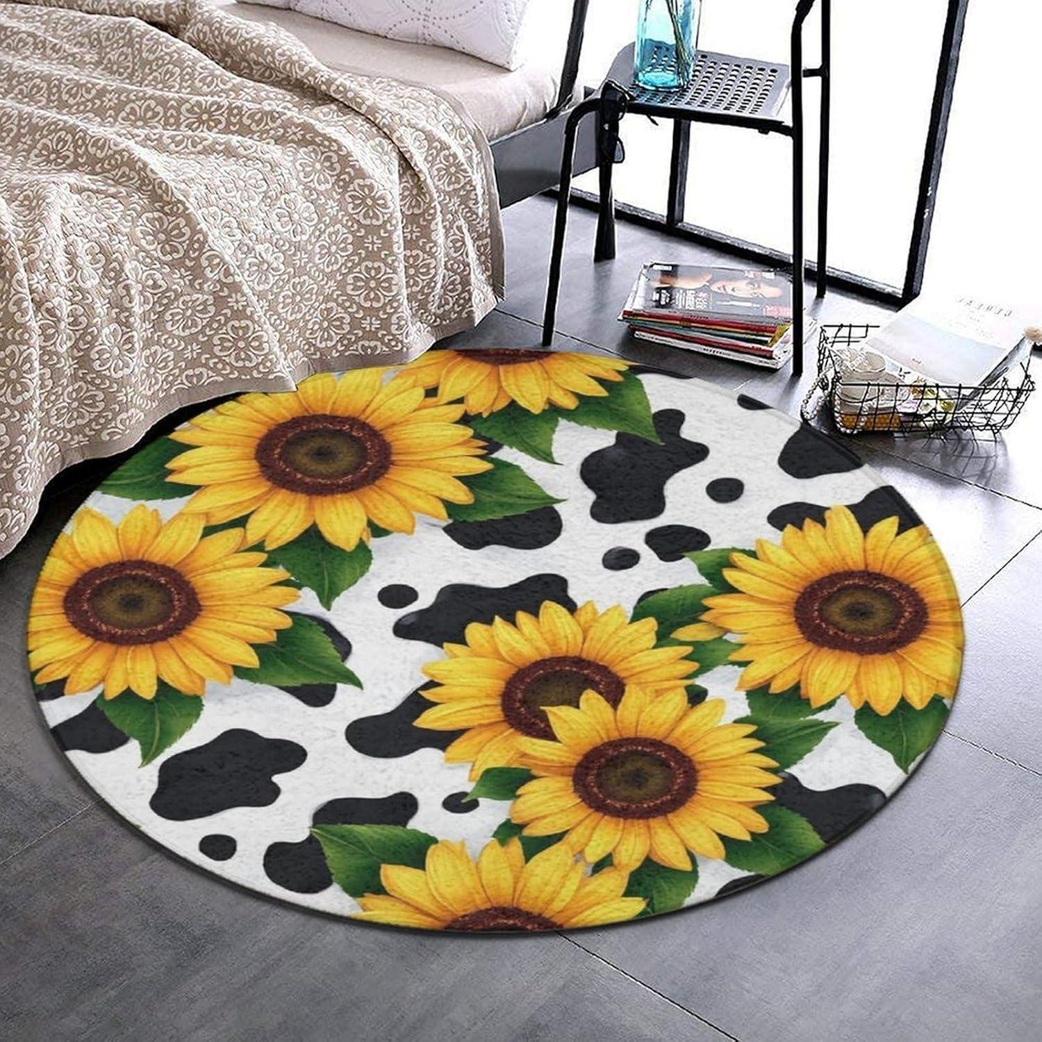 Sunflower Round Rug Geometric Spots Pattern Soft Non-slip Floor Mat Rustic Home Decor Circular Carpet for Living Room Bedroom 60cm x 60cm