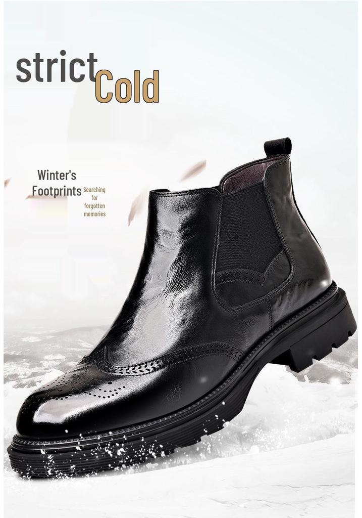 Men's Genuine Leather Chelsea Boots, Versatile Velvet-Lined Mid-Calf, Breathable, Trendy Snow & Martin Boots
