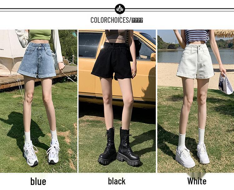 Women's High-Waist Denim Shorts - Rolled Hem, Double Button, A-line, Summer Wide Leg