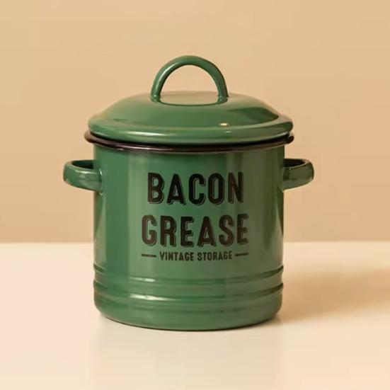 Vintage Enamel Bacon Grease Container with Lid Rustic Farmhouse Grease Container with 2 Handles Kitchen Oil Storage Jar for Storing Lard Spices Soup