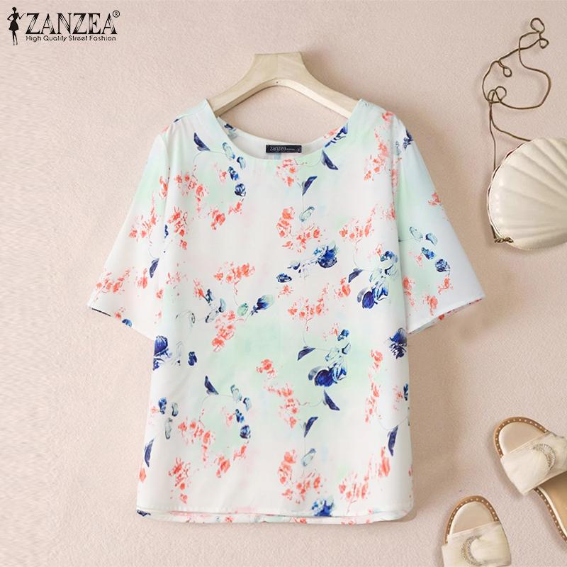 ZANZEA Women Casual Round Neck Half Sleeve Summer Floral Blouse