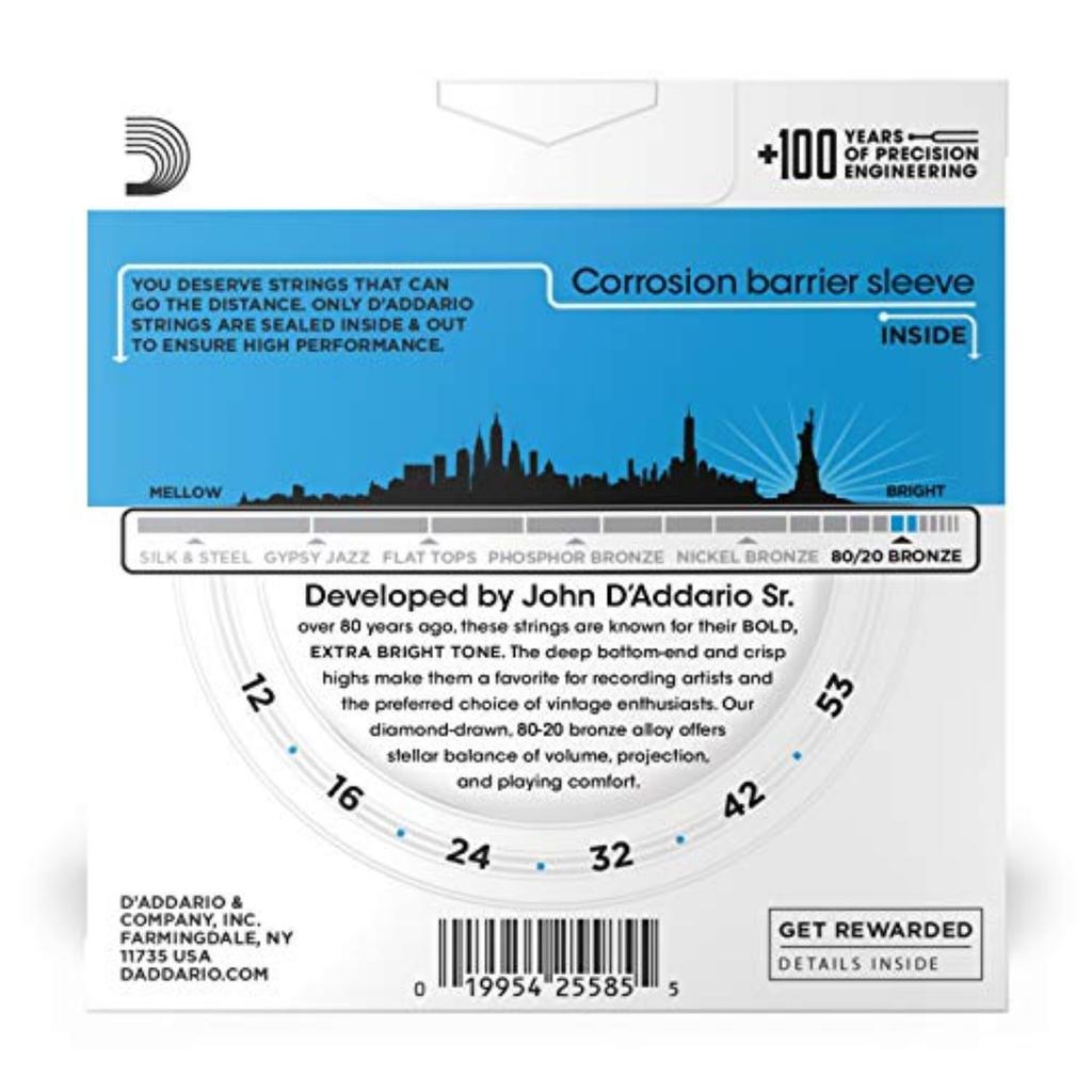 Acoustic Guitar Bronze D'Addario Strings, 80/20 Light, .012-.053, EJ11-3D, 3-Pack