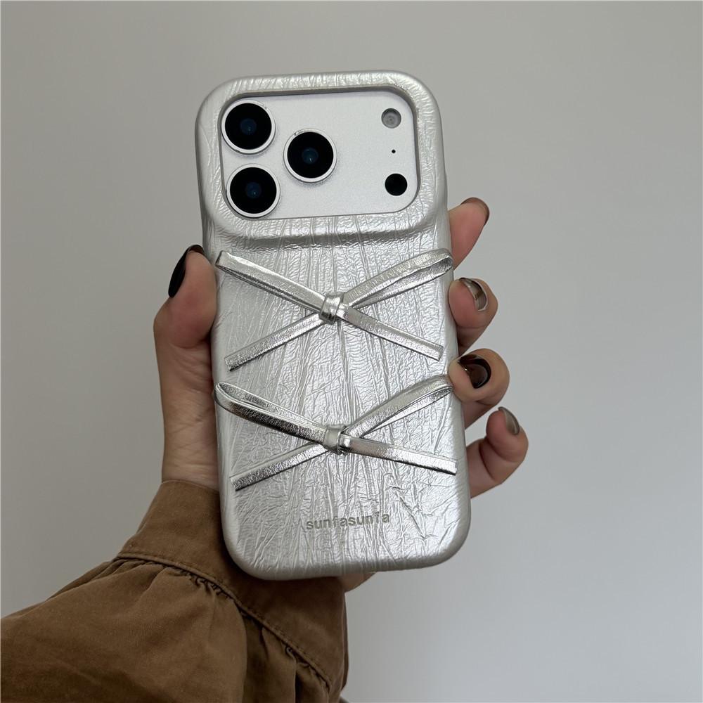 

Premium Silver Leather Bow Phone Case for iPhone 17 Pro Max/16 Pro/15/14/13, Drop-Proof for Females iPhone 16 Pro Max