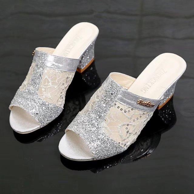 

Foreign trade mesh rotund sandals women s 2020 summer new fish mouth middle heel sequins casual large size high heel sandals 43 серебряный