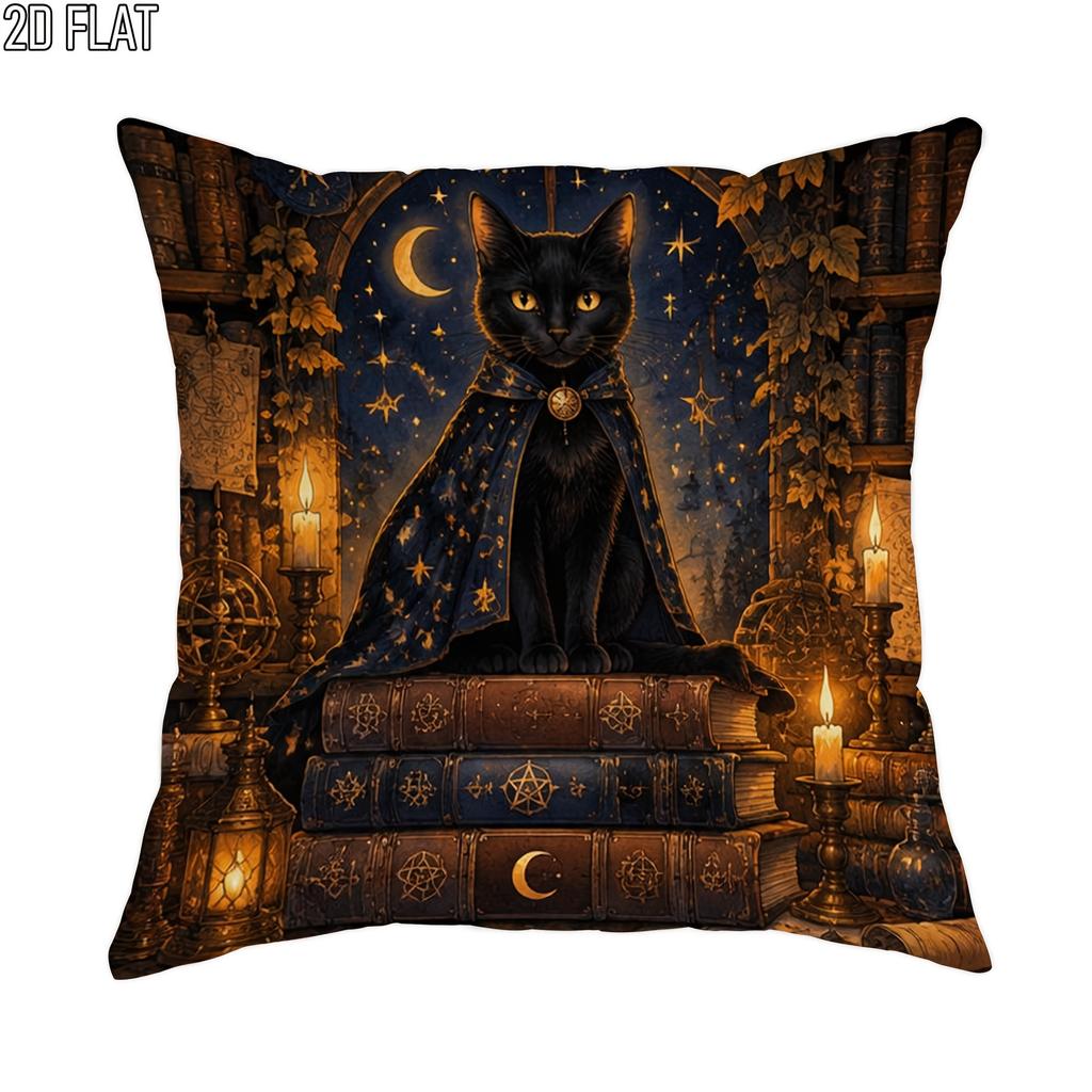 1pc 2D Flat Throw Pillow Covers Halloween Theme Black Cat Magic Books Stars Moon Mystical Fantasy Style Dark Blue Golden Brown Soft Velvet Washable Pa
