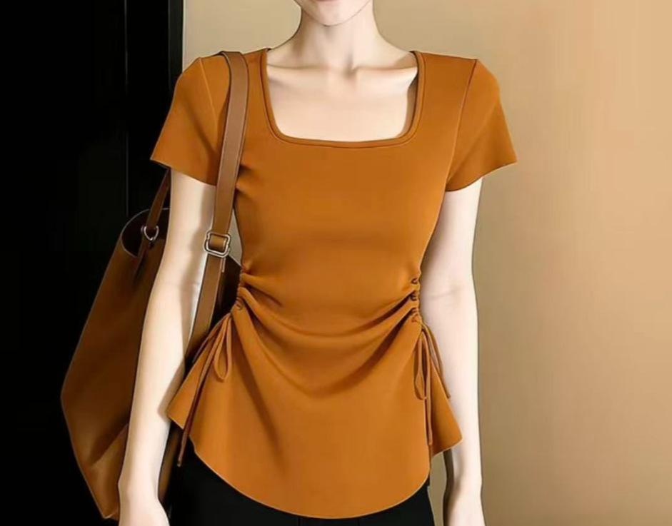 1116 Summer New Medium and Long Short-sleeved Pleated Waist Strap Temperament Slim-fitting and Thin Top