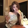 Vintage striped slanted shoulder summer slim and thin short-sleeved T-shirt design sense Spice girl casual fashion versatile top ins