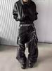 Męskie czarne jeansy American High Street: Haft Piorunem, Proste Luźne Szerokie Nogawki, Modny Rogue Street Style