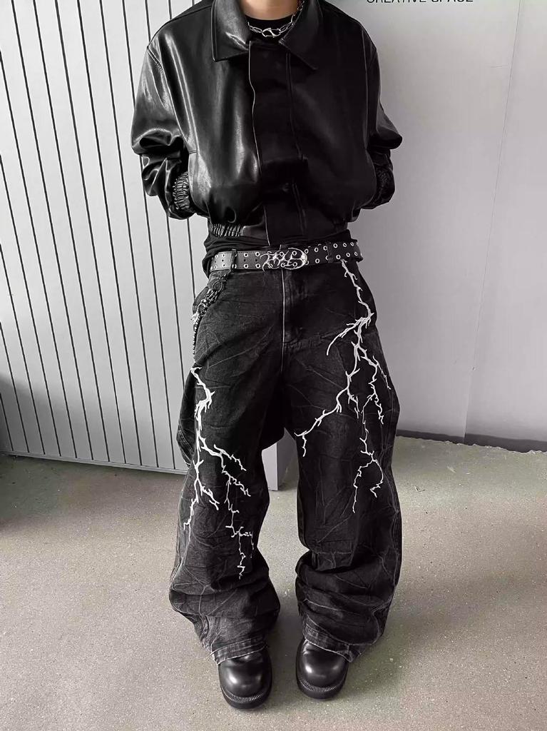 Męskie czarne jeansy American High Street: Haft Piorunem, Proste Luźne Szerokie Nogawki, Modny Rogue Street Style