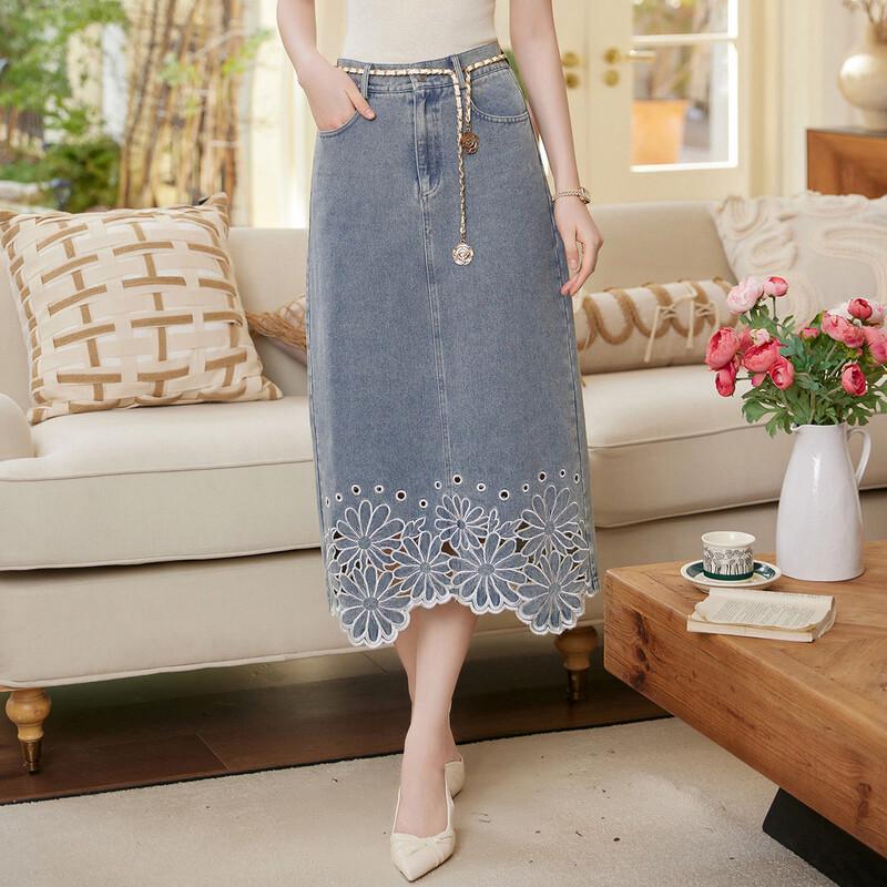 Bailuyu Women s Retro Embroidered Denim Midi Skirt S