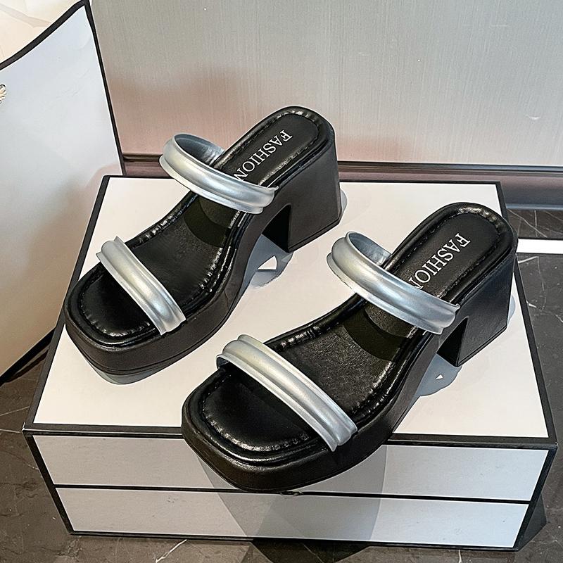 Fashion High-heeled Slippers Fashion Square Head Open Toe Waterproof Platform Anti-slip Wear-resistant Square Heel Shoes