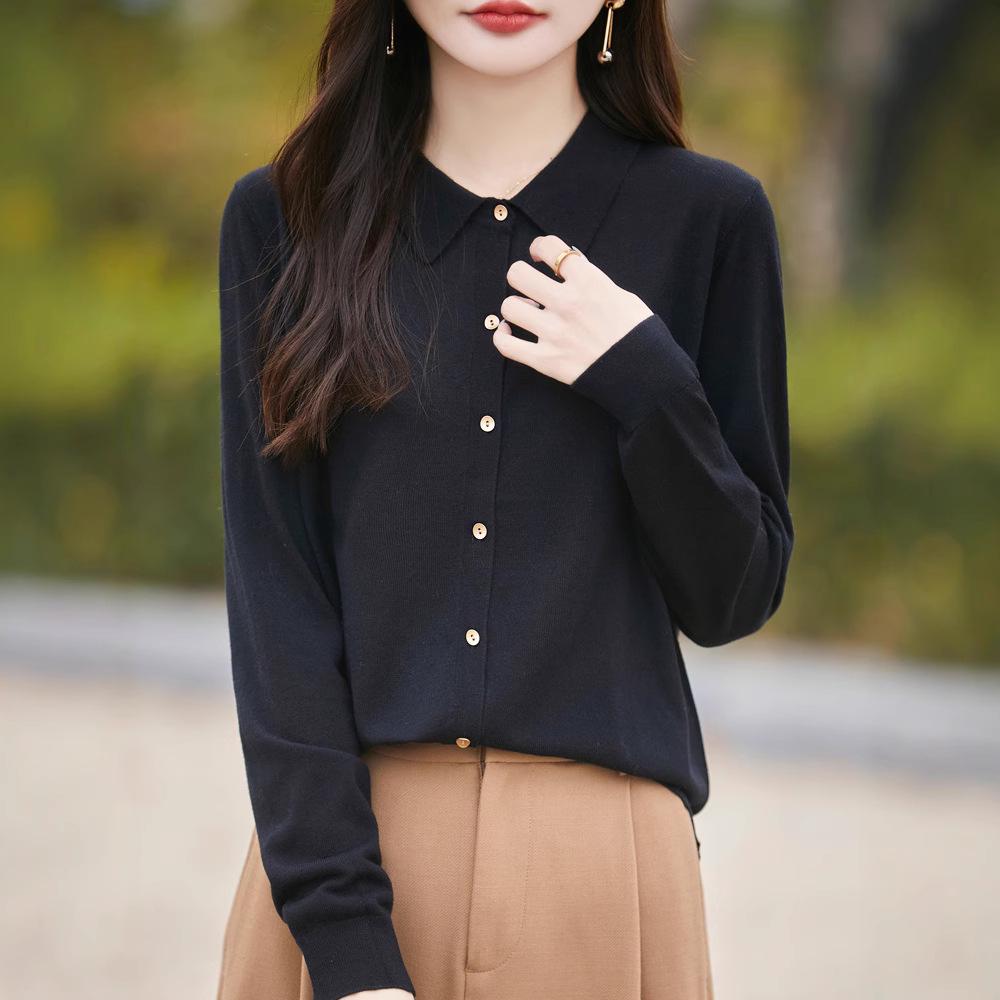 Polo Collar Knitted Cardigan: Slim Fit, Solid Color, Versatile for Spring & Autumn Women's Business Casual Wear