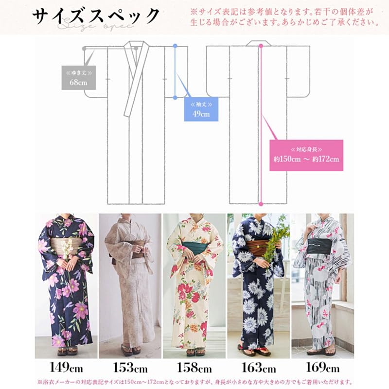 Dita Yukata Set with Obi In Navy and with Watercolor and Floral Easy To Dress by Yourself Gorgeous Free Women's 5-Piece (Heko Obi) Blue, White, Pink,