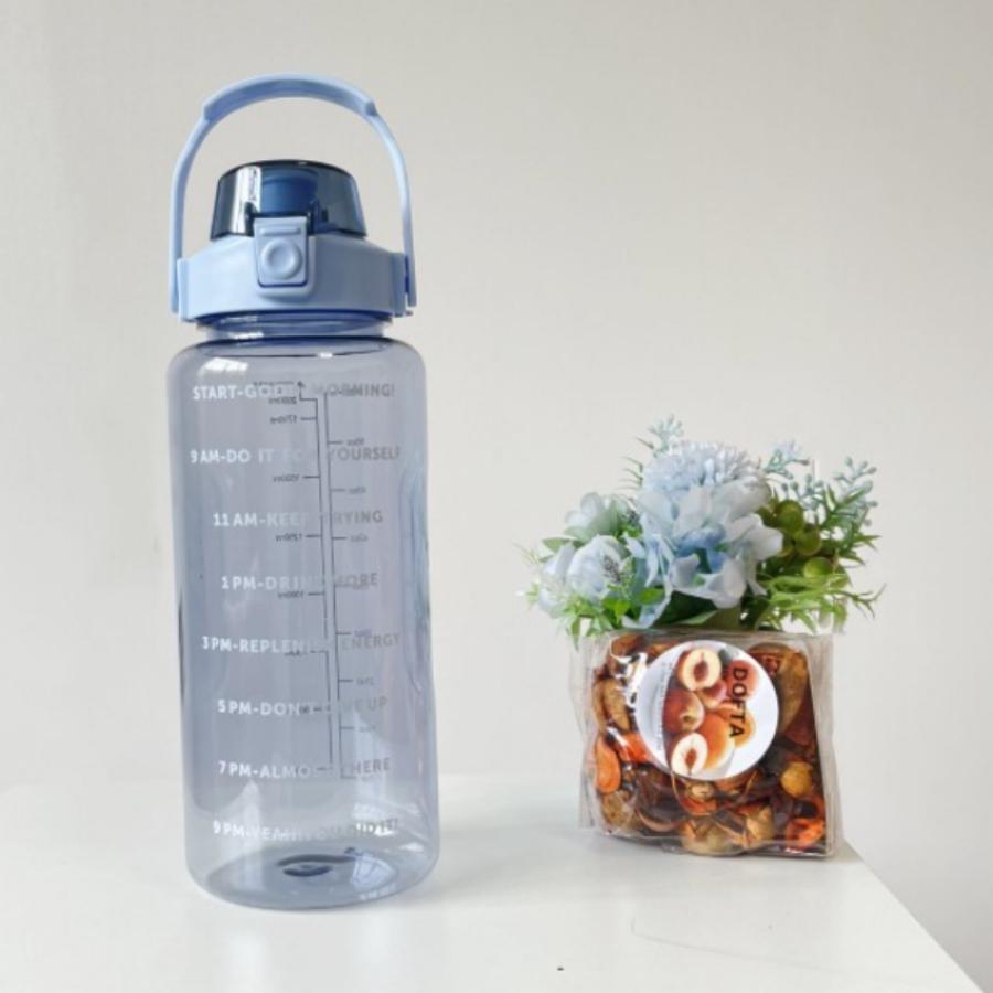 2L Water Bottle with Time Mark, Reusable Outdoor Sports Water Bottle, Straw, Portable Plastic Cup, Large Capacity