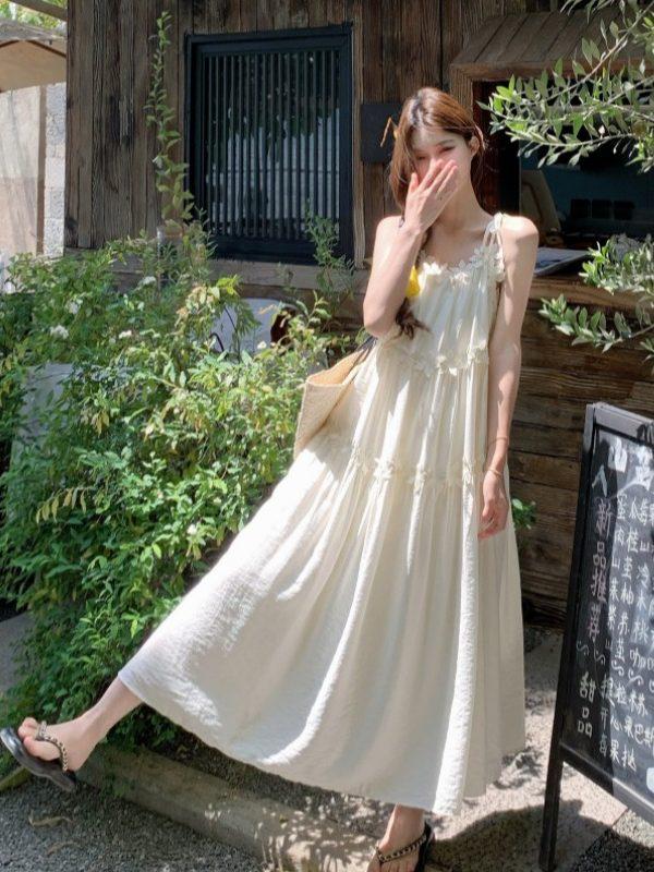 Spring 2026 French Holiday 3D Floral Tiered Camisole Dress for Women